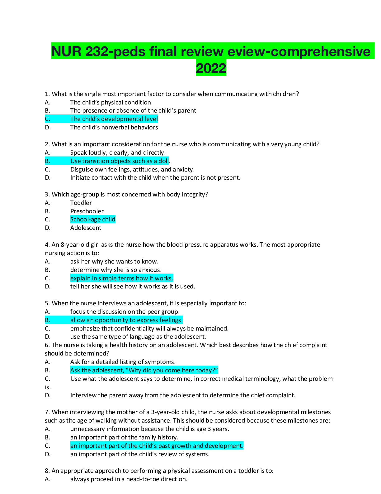 Preview of NUR 232-peds final review-comprehensive 2022